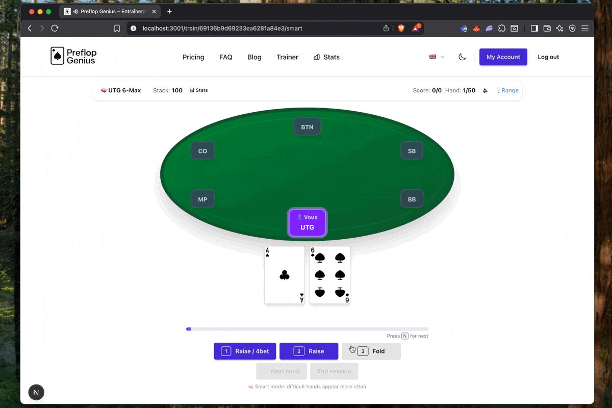 Preflop trainer PreflopGenius - Interface d'entraînement